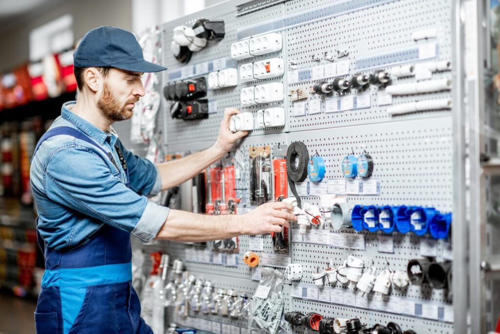 elecrician choosing electrical goods in the shop 3 e1651010389347